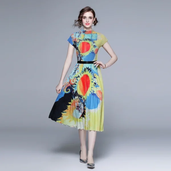 LE1245 in Stock Pleated Casual Suit Feminine Show Thin T-Shirt Skirt 2 Piece Set Printed Long Miyake Pleated Skirt