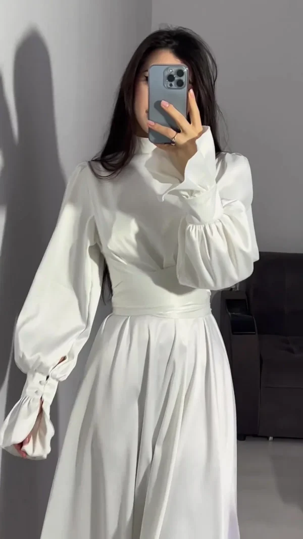 LE2588 2025 Solid Color Satins Maxi Ladies Dress Autumn Lotus Long Sleeves Stand Collar Fold Belted Socialite Party Evening Gown - Image 5