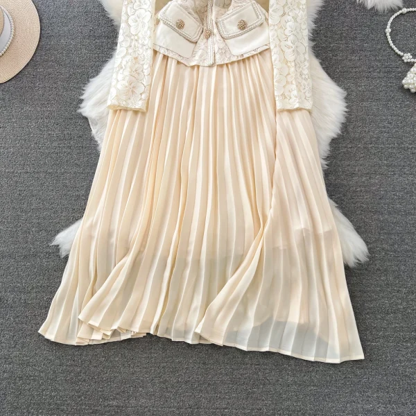 LE2606 Autumn Korean Lace Pleated Dresses Woman Temperament Long Sleeve Square Collar Pockets Embroidery Pleated Socialite Dress - Image 4