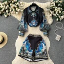 2 Piece Outfits Sets Fashion Socialite Style Thin Long-Sleeved Lapel Print Shirt + High Waist Thin Wide Leg Shorts Two-Piece Set
