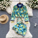 2 Piece Outfits Sets Fashion Print Set Female New Waist Tie Lemon Print Long-Sleeved Shirt High Waist Thin Shorts Two-Piece