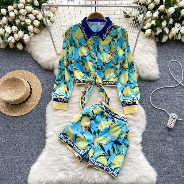 2 Piece Outfits Sets Fashion Print Set Female New Waist Tie Lemon Print Long-Sleeved Shirt High Waist Thin Shorts Two-Piece