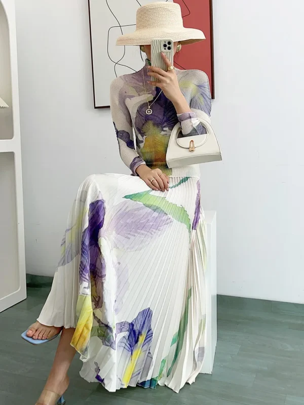 Fold Suit Print High Collar Fold Top + Pleated Skirt Casual Two Piece Set - Image 6