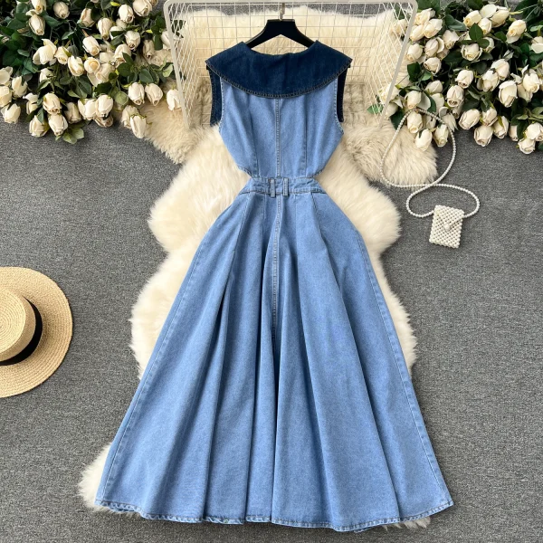 LE2652 Boutique Denim Dresseses Female Korean V-Neck Sleeveless Midi Dress Direct Elegant Women'S Dresses - Image 2