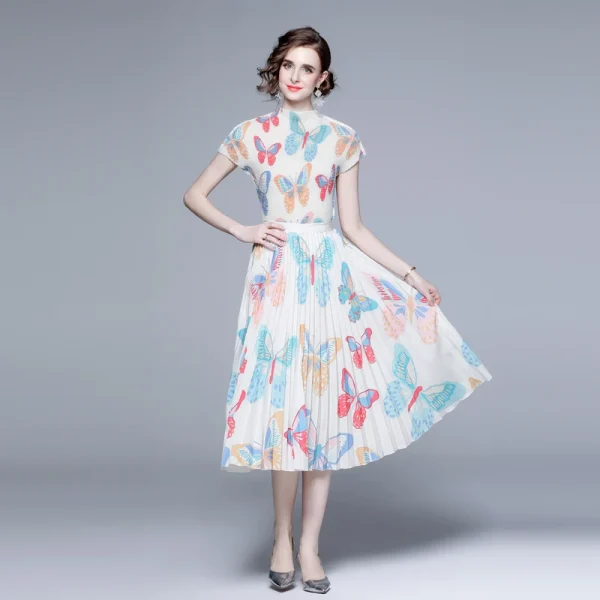 LE1238 in Stock New Pleated Print Evening Gown Dress Elegant Summer 2 Piece Set for Women Miyake Pleated Boutique Midi Skirt - Image 3
