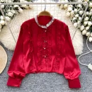 LW0823 Light Style Sequin Stand Collar Long Sleeve Satin Shirt Slimming Top For Women Blouses Elegant Women Ladies