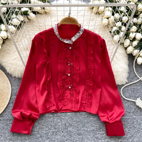 LW0823 Light Style Sequin Stand Collar Long Sleeve Satin Shirt Slimming Top For Women Blouses Elegant Women Ladies