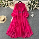 LE2605 Autumn Vintage Pleated V-Neck Evening Gown Female High Quality Nail Drill Flowing Hemline Socialite Long Evening Dresses