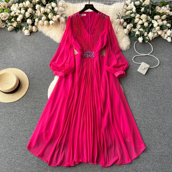 LE2605 Autumn Vintage Pleated V-Neck Evening Gown Female High Quality Nail Drill Flowing Hemline Socialite Long Evening Dresses - Image 3