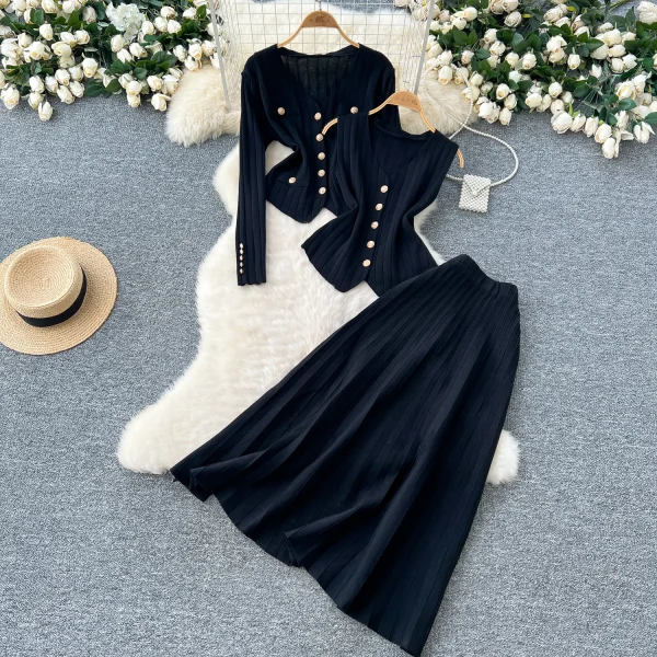 LE0097 Small Fragrant Wind Wear Women'S Three-Piece Vest Metal Buckle Long Sleeve Knitted Cardigan Skirt - Image 6
