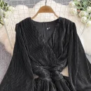 LE4775 Light Mature Wind Retro Temperament Lantern Long Sleeve V-Neck Waist Slimming a Line Pleated Dress Elegant Long Skirt