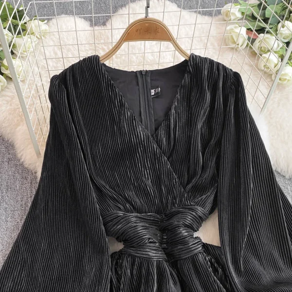 LE4775 Light Mature Wind Retro Temperament Lantern Long Sleeve V-Neck Waist Slimming a Line Pleated Dress Elegant Long Skirt - Image 2