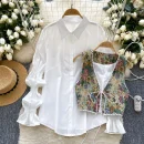 LW0749 Women'S Drawstring Waistline Jacquard Waistcoat With Puff Sleeves Stylish Shirt Blouses Elegant Women Ladies
