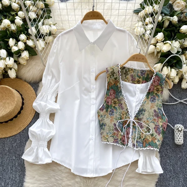 LW0749 Women'S Drawstring Waistline Jacquard Waistcoat With Puff Sleeves Stylish Shirt Blouses Elegant Women Ladies - Image 4