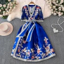 LE2607 2025 Vintage Maxi Printed Dress Ethnic Deep V-Neck Flowers Dresses Woman Socialite Holiday Party Evening Dress Lady