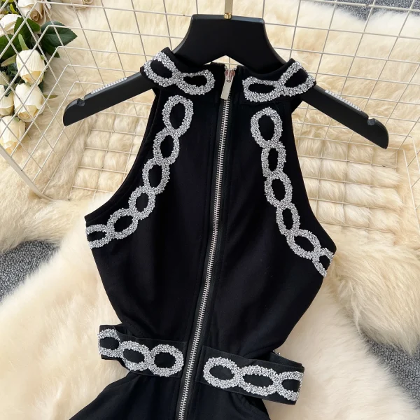 LE4767 Sexy Hollow Waist Exposure Hot Drill Three-Dimensional Flower Waist Slimming Sleeveless Neck Hanging Foreign Dress - Image 4