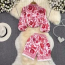 Accept Women'S Suit Retro Lantern Long-Sleeved Stand-Up Collar Single-Breasted Printed Shirt 2-Piece Set High-Waisted Sh