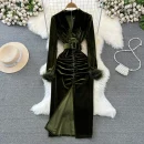 LE2661 Autumn Socialite Midi Evening Dresses Woman Femininity Dinner Dress Velvet Pleated Slit Cover Hip Canary Dresses Female