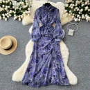 LE4783 Elegant Dress Women'S New French Three-Dimensional Flower Pleated Waist Fold Slit Print Skirt With Ruffled Edge