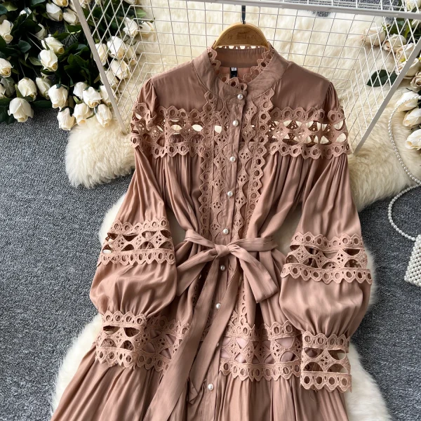 LE2620 Autumn Vintage Hollow Hook Flower Lace Dresses Elegant Women'S Boutique Women'S Boutique Socialite Long Dress - Image 3
