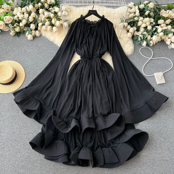LE2638 Cape-Style Women'S Gown Luxury Retro High Fashion V-Neck Lace-Up Trumpet Sleeves Peplum Temperament Long Casual Dresses - Image 4