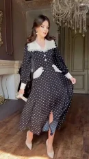 LE2702 Middle East Elegant Ladies Evening Dress 2025 Autumn Lace Doll Collar Slim Polka Dot Maxi Printed Dress Women