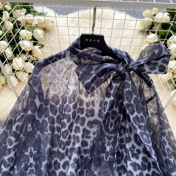LW0708 Vintage Light Wind Leopard Print Shirt Women Butterfly Bow Tie Mesh Temperament Blouses Elegant Women Ladies - Image 6
