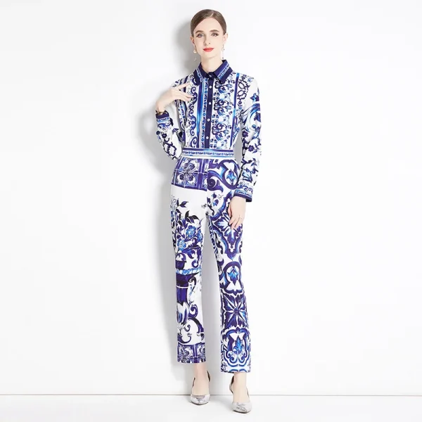 LE1861 Luxury Women'S Suit Mayorika Printed Shirt High Waisted Straight Leg Pants Formal Office Party 2 Piece Set - Image 2