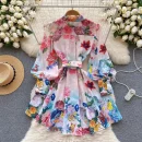 LE2643 Retro Romantic Mini Printed Dresses Woman Atmosphere Sense Floral Dress Female Lantern Sleeve Super fairy Short Dresses