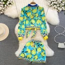 Fashion Suit Women Light Ripe Wind Retro Temperament Long-Sleeved Loose Printed Lace-Up Shirt Two-Piece Set High Waist Shorts