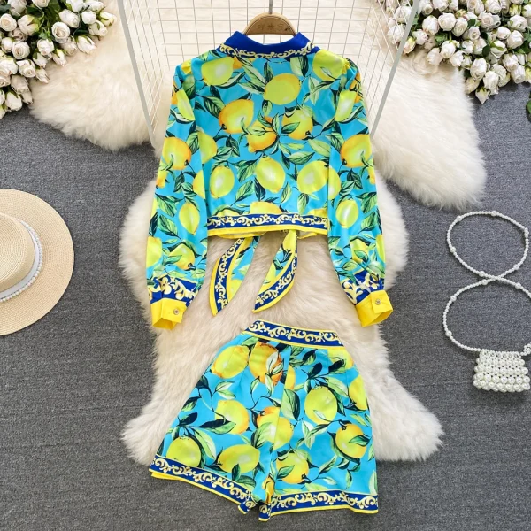 Fashion Suit Women Light Ripe Wind Retro Temperament Long-Sleeved Loose Printed Lace-Up Shirt Two-Piece Set High Waist Shorts - Image 2