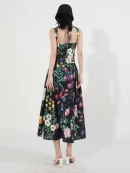 Hit Color Two Piece Sets Colorful Flower Print Beading Crystal Black Square Collar Sleeveless Tops High Waist a Line Skirt Suit