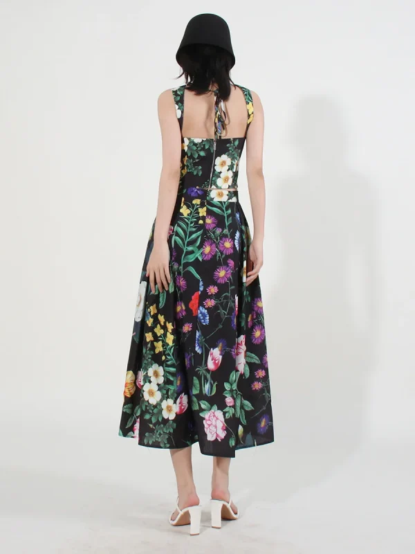 Hit Color Two Piece Sets Colorful Flower Print Beading Crystal Black Square Collar Sleeveless Tops High Waist a Line Skirt Suit - Image 4