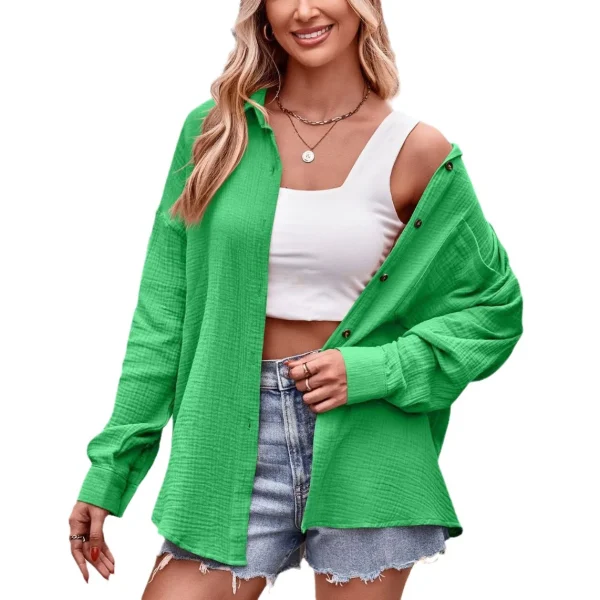 Women's Fall and Winter New Cross-border Casual Fashion Pockets Loose Long-sleeved Solid Color Shirt - Image 2