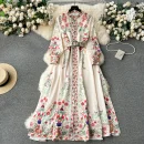 LE2584 Vintage Maxi Printed Dresses 2025 New Autumn Lantern Long Sleeve Evening Gown Single Breasted Women Boutique Long Dresses