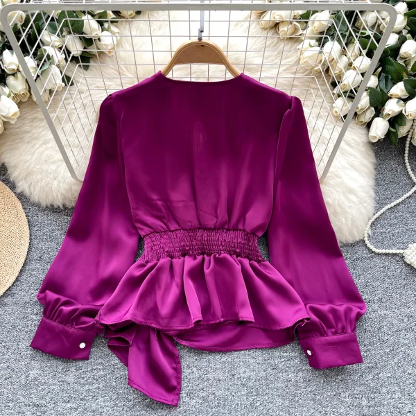 LW0832 Design Sense V-Neck Nail Bead Pleated Long Sleeve Satin Top Women'S Chic Tops For Women Casual Blouses 2025 - Image 5