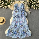 LE2608 Women'S Boutique Clothing Maxi Printed Dress Ethnic V-Neck Pleated Floral Chiffon Dresses Socialite Party Evening Dress
