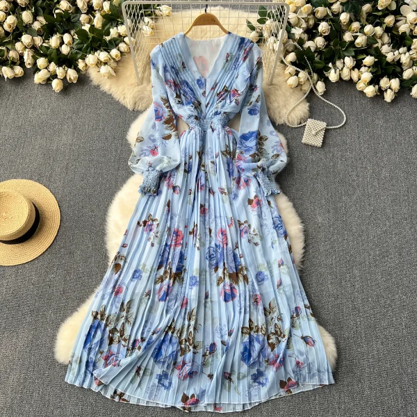 LE2608 Women'S Boutique Clothing Maxi Printed Dress Ethnic V-Neck Pleated Floral Chiffon Dresses Socialite Party Evening Dress - Image 4