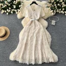 LE2619 2025 Autumn Vintage Hollow Hook Flower Lace Dresses Women Elegant Women'S Boutique Women'S Boutique Socialite Long Dress
