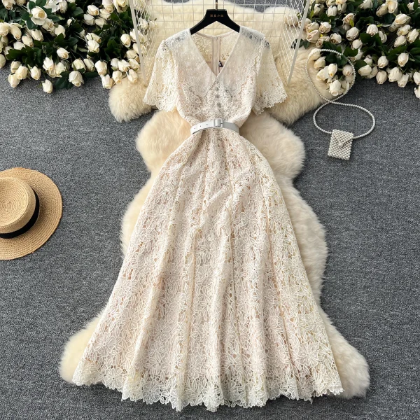 LE2619 2025 Autumn Vintage Hollow Hook Flower Lace Dresses Women Elegant Women'S Boutique Women'S Boutique Socialite Long Dress - Image 3