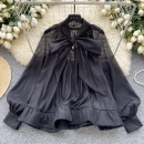 LW0707 Vintage Puffy Sleeve Shirt Women'S Autumn Butterfly Bow Tie Mesh Design Top Blouses Elegant Women Ladies