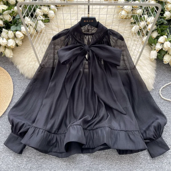 LW0707 Vintage Puffy Sleeve Shirt Women'S Autumn Butterfly Bow Tie Mesh Design Top Blouses Elegant Women Ladies - Image 2