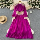 LE4777 High-End Niche Dress Women'S Autumn Heavy Industry Sequin Splicing V-Neck Lantern Sleeve Waist Fringe Pleated Skirt