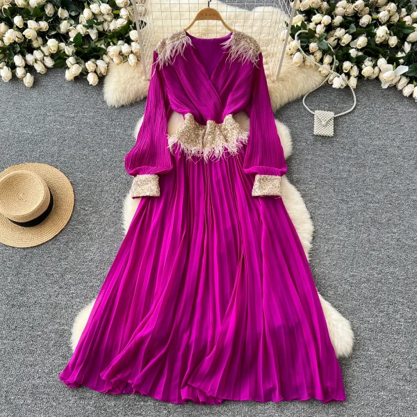 LE4777 High-End Niche Dress Women'S Autumn Heavy Industry Sequin Splicing V-Neck Lantern Sleeve Waist Fringe Pleated Skirt - Image 3