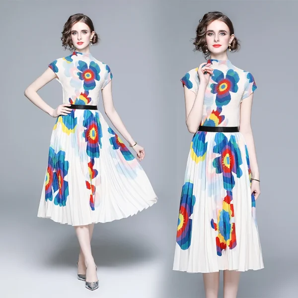 LE1247 in Stock Women'S Miyake Pleated T-Shirt Printed Long Pleated Skirt High Quality Fabric Women'S Sets Boutique Clothing - Image 5