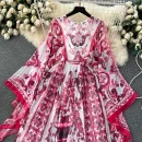 LE4046 Autumn Dress Niche Design Sense Holiday Style Vintage Print Flared Sleeve Chiffon Long Dress