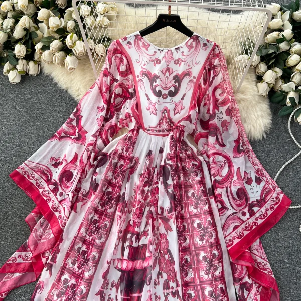 LE4046 Autumn Dress Niche Design Sense Holiday Style Vintage Print Flared Sleeve Chiffon Long Dress - Image 5