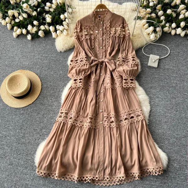 LE2620 Autumn Vintage Hollow Hook Flower Lace Dresses Elegant Women'S Boutique Women'S Boutique Socialite Long Dress