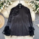 LW0828 Satin Feel Stand Collar Shirt Women Three-Dimensional Flower Feather Design Loose Temperament Blouses Elegant Women