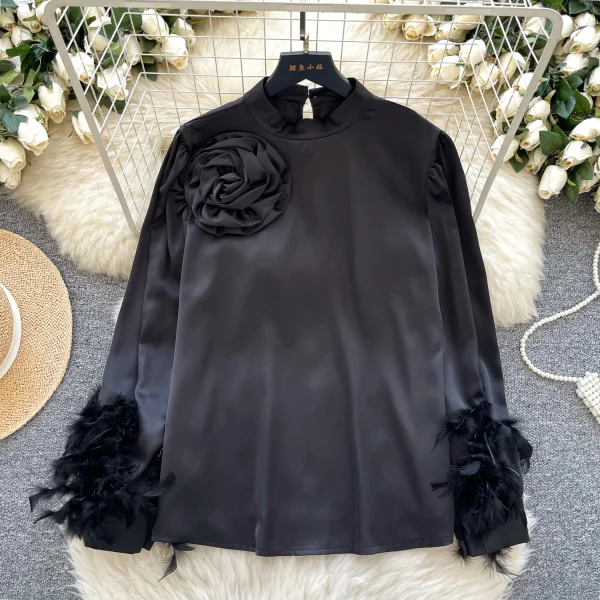 LW0828 Satin Feel Stand Collar Shirt Women Three-Dimensional Flower Feather Design Loose Temperament Blouses Elegant Women - Image 4